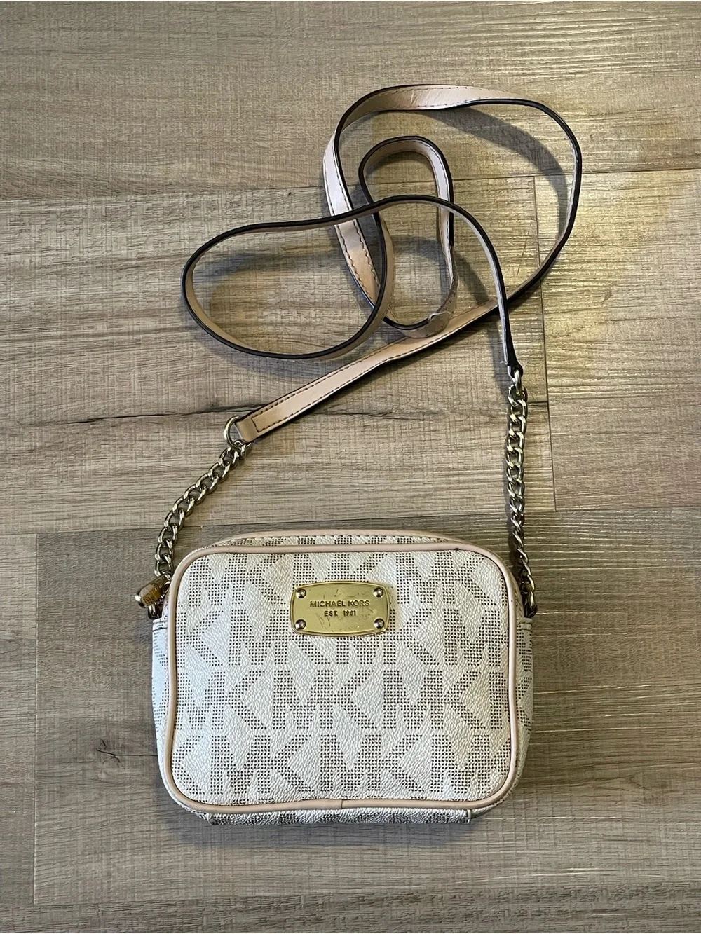Michael Kors Cream Monogram Crossbody with Gold Hardware